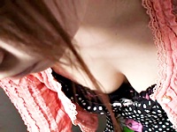 Having approached the camera as closely as possible to the Asian girl lewd voyeur hunter took the deep downblouse view